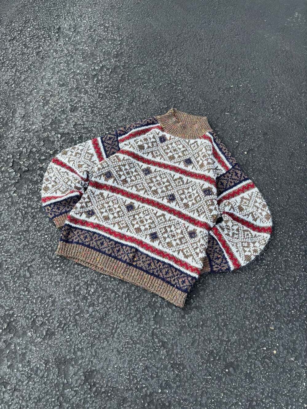Vintage T.Q. Fair Isle Mock Neck Geometric Pattern Knit Sweater Medium